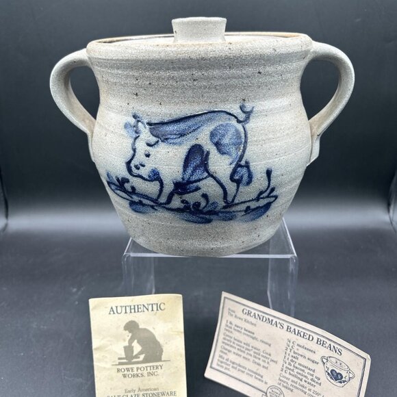Rowe Pottery Works Cow Stoneware Salt-Glazed Crock 1965 Blue Grey, Bean Pot - Picture 1 of 11